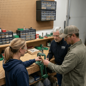 Students with Instructor learning how to place brass in the reloading press