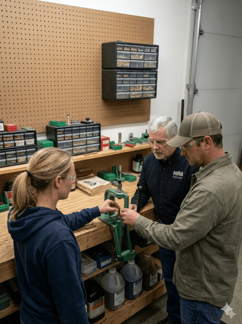Students with Instructor learning how to place brass in the reloading press